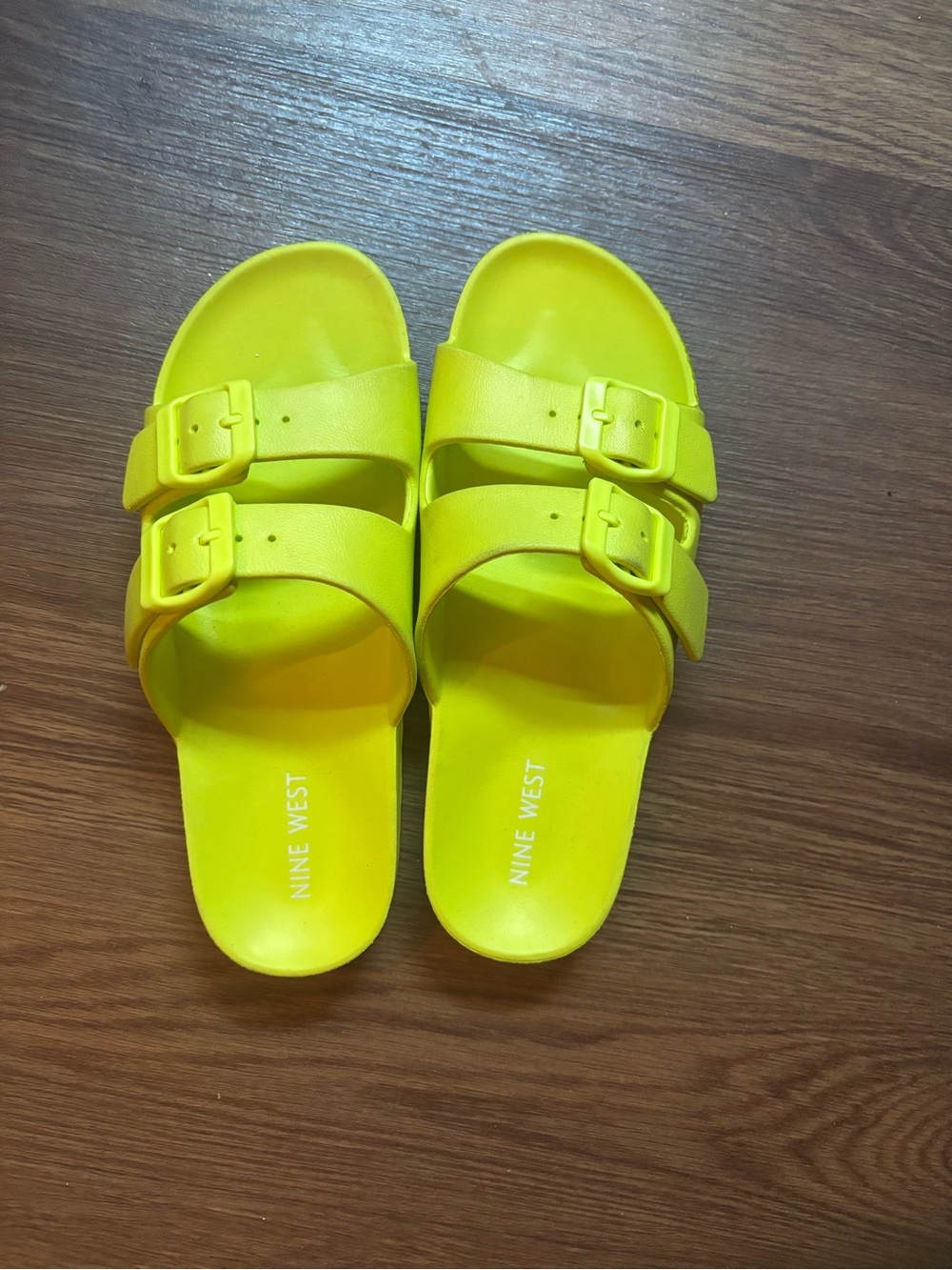 Nine West Neon Yellow Double-Buckle Slide Sandals